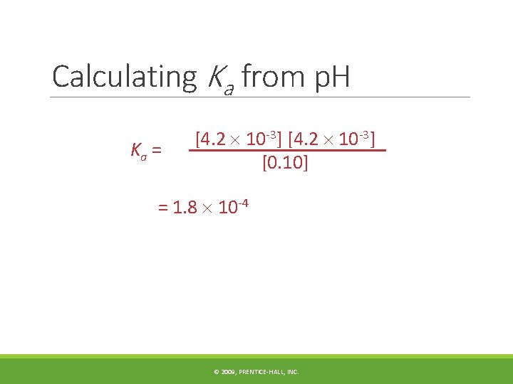 Calculating Ka from p. H Ka = [4. 2 10 -3] [0. 10] =