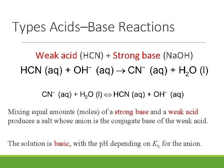 Types Acids–Base Reactions Weak acid (HCN) + Strong base (Na. OH) Mixing equal amounts