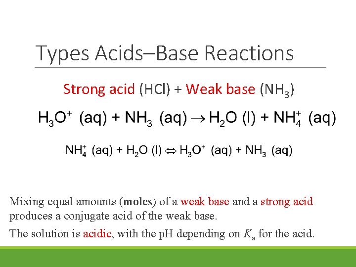 Types Acids–Base Reactions Strong acid (HCl) + Weak base (NH 3) Mixing equal amounts