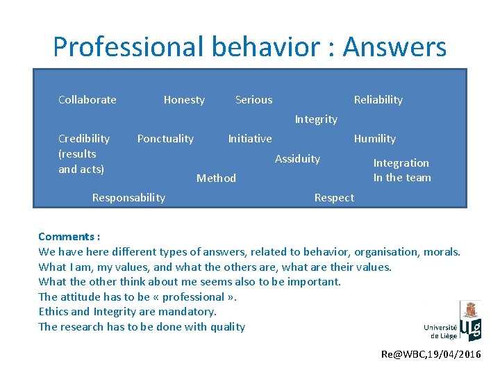 Professional behavior : Answers Collaborate Honesty Serious Reliability Integrity Credibility (results and acts) Ponctuality