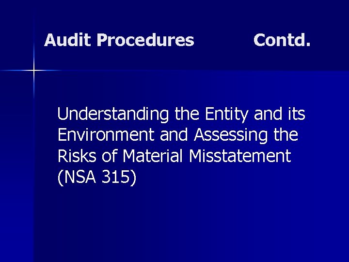 Audit Procedures Contd. Understanding the Entity and its Environment and Assessing the Risks of