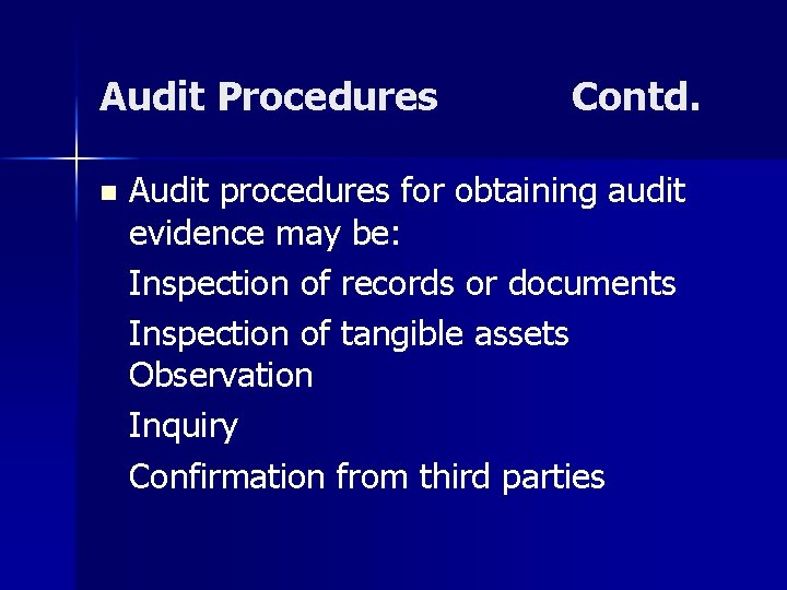 Audit Procedures n Contd. Audit procedures for obtaining audit evidence may be: Inspection of