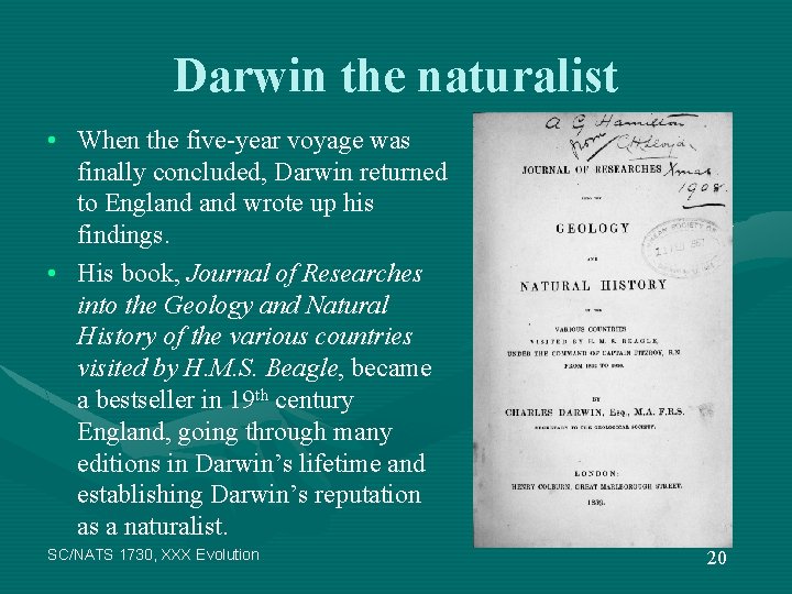 Darwin the naturalist • When the five-year voyage was finally concluded, Darwin returned to