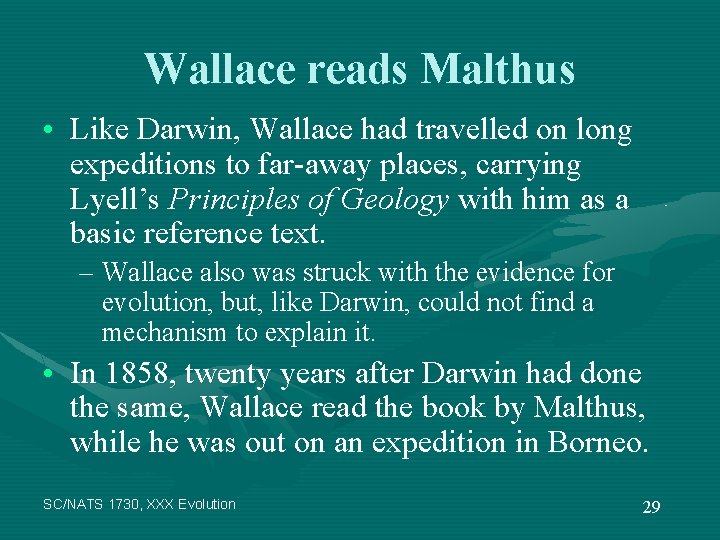 Wallace reads Malthus • Like Darwin, Wallace had travelled on long expeditions to far-away
