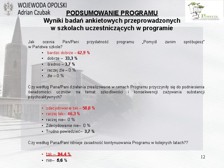 PODSUMOWANIE PROGRAMU Wyniki badań ankietowych przeprowadzonych w szkołach uczestniczących w programie Jak ocenia Pan/Pani