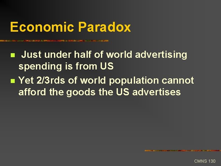 Economic Paradox n n Just under half of world advertising spending is from US