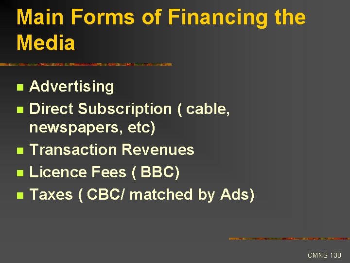 Main Forms of Financing the Media n n n Advertising Direct Subscription ( cable,