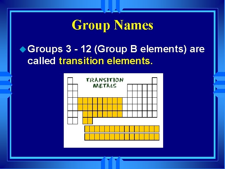 Group Names u Groups 3 - 12 (Group B elements) are called transition elements.