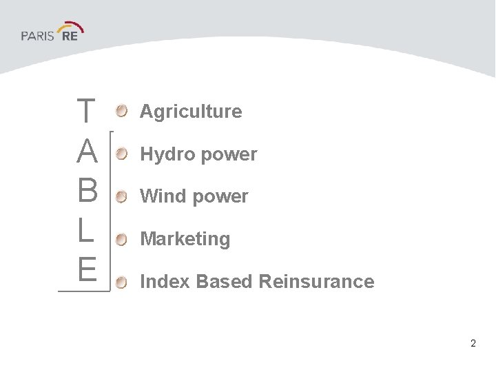 T A B L E Agriculture Hydro power Wind power Marketing Index Based Reinsurance T A B L E Agriculture Hydro power Wind power Marketing Index Based Reinsurance