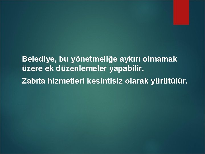 Belediye, bu yönetmeliğe aykırı olmamak üzere ek düzenlemeler yapabilir. Zabıta hizmetleri kesintisiz olarak yürütülür.