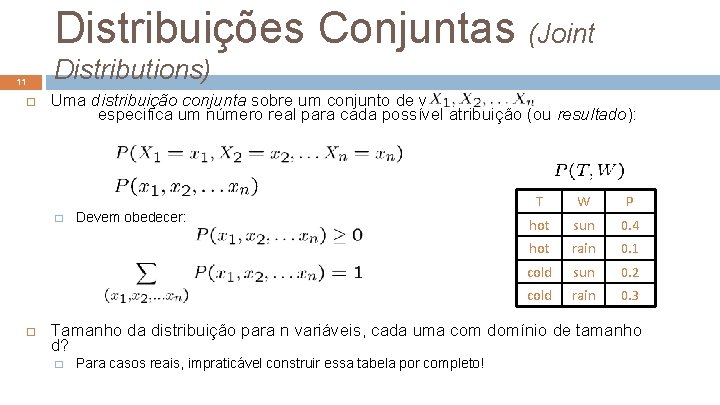 Distribuições Conjuntas (Joint 11 Distributions) Uma distribuição conjunta sobre um conjunto de v. a.