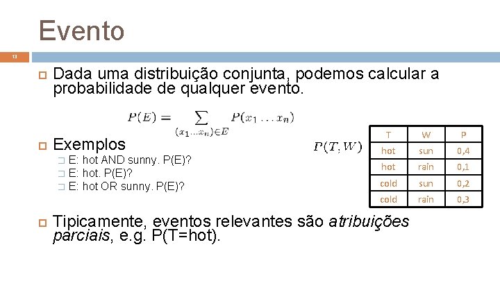 Evento 13 Dada uma distribuição conjunta, podemos calcular a probabilidade de qualquer evento. Exemplos
