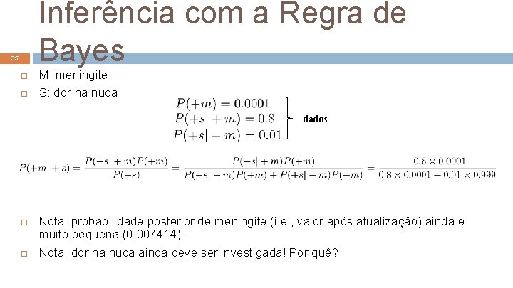 Inferência com a Regra de Bayes 35 M: meningite S: dor na nuca dados