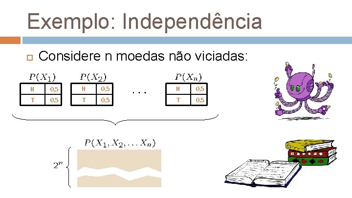 Exemplo: Independência Considere n moedas não viciadas: H 0, 5 T 0, 5 38