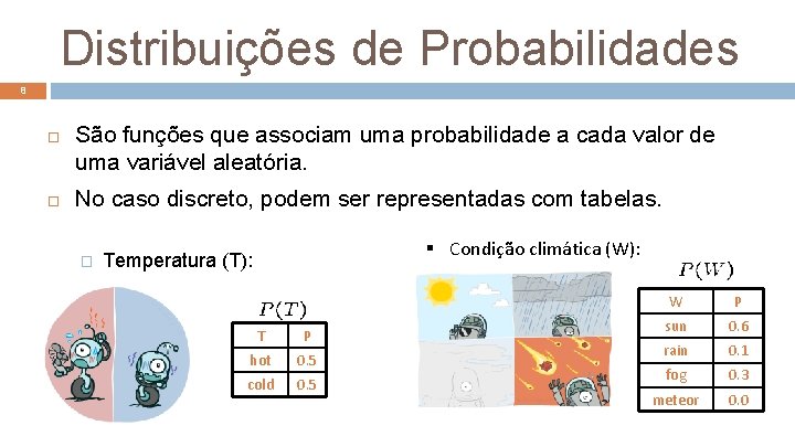 Distribuições de Probabilidades 8 São funções que associam uma probabilidade a cada valor de