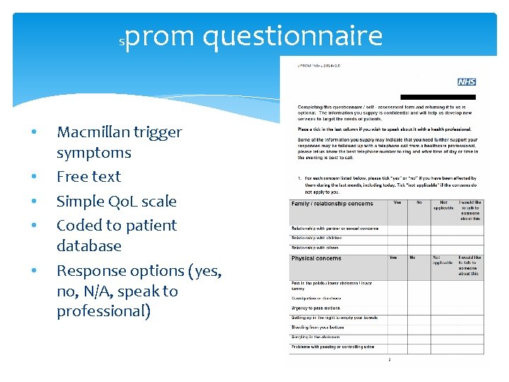 s • • • prom questionnaire Macmillan trigger symptoms Free text Simple Qo. L