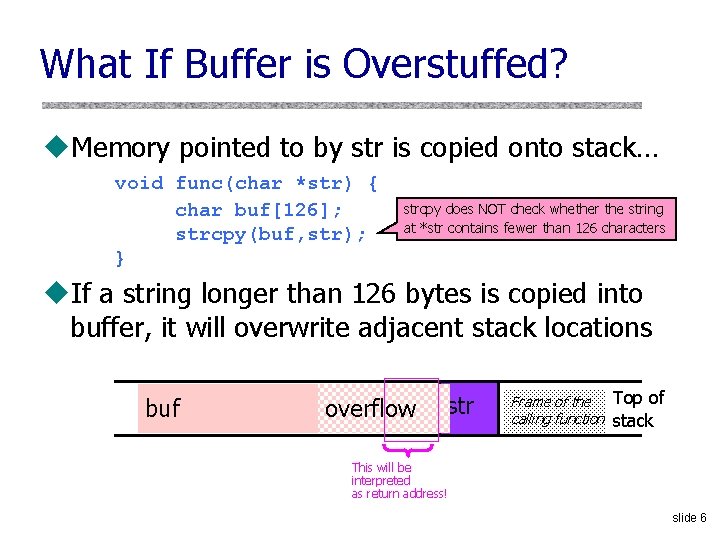 What If Buffer is Overstuffed? u. Memory pointed to by str is copied onto