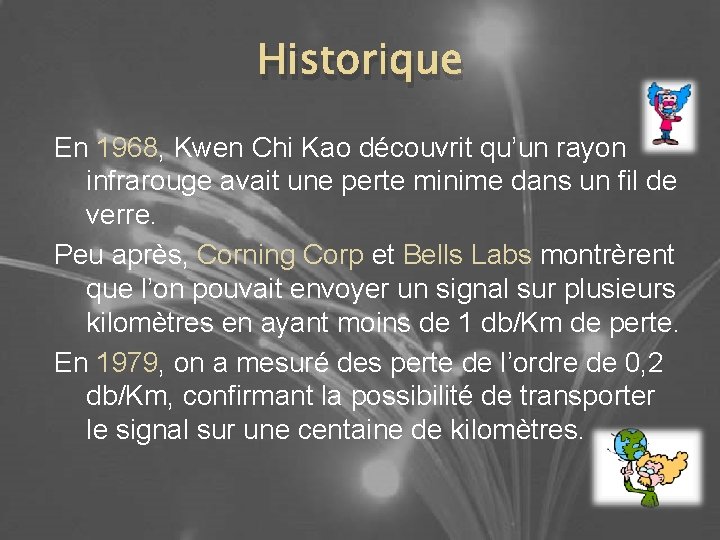 Historique En 1968, Kwen Chi Kao découvrit qu’un rayon infrarouge avait une perte minime