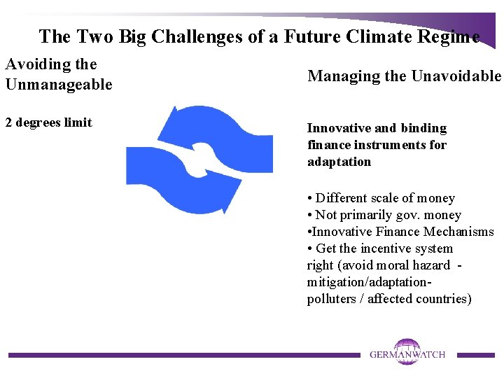 The Two Big Challenges of a Future Climate Regime Avoiding the Unmanageable 2 degrees