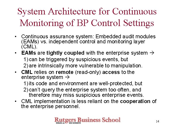 System Architecture for Continuous Monitoring of BP Control Settings • Continuous assurance system: Embedded