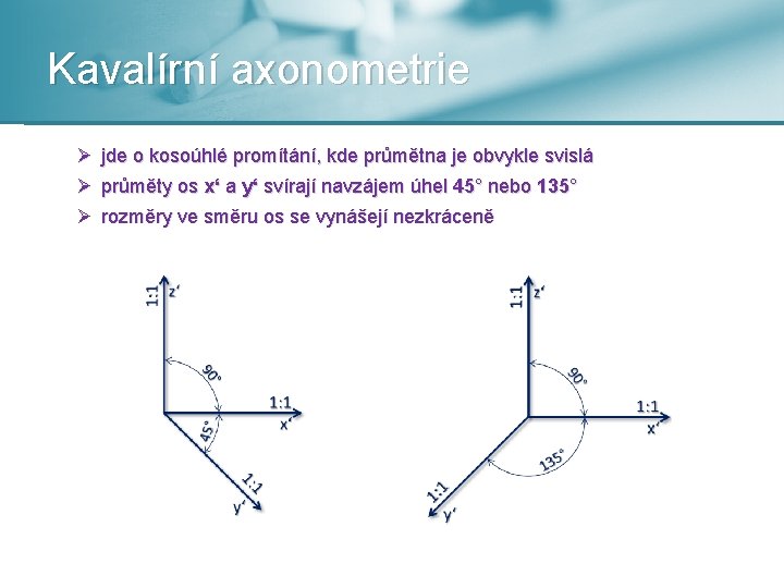 Kavalírní axonometrie Ø jde o kosoúhlé promítání, kde průmětna je obvykle svislá Ø průměty