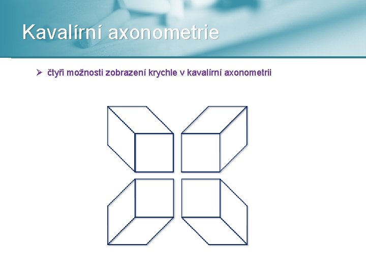 Kavalírní axonometrie Ø čtyři možnosti zobrazení krychle v kavalírní axonometrii 