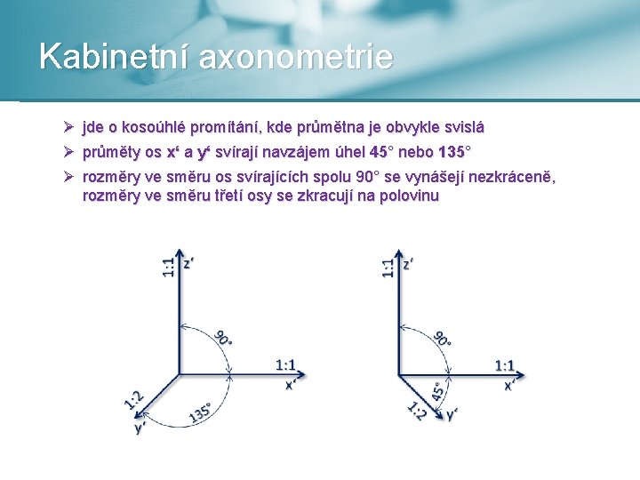 Kabinetní axonometrie Ø jde o kosoúhlé promítání, kde průmětna je obvykle svislá Ø průměty