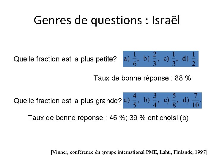 Genres de questions : Israël Quelle fraction est la plus petite? Taux de bonne