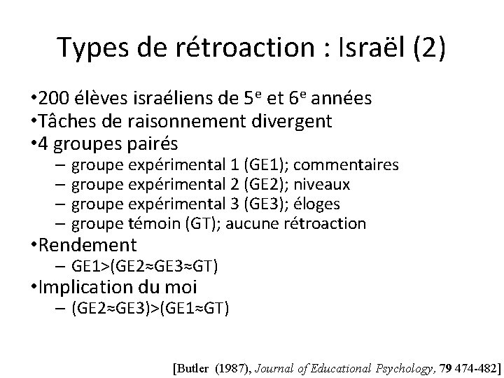 Types de rétroaction : Israël (2) • 200 élèves israéliens de 5 e et