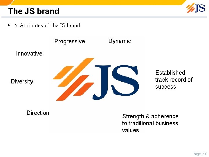 The JS brand • 7 Attributes of the JS brand Progressive Dynamic Innovative Diversity