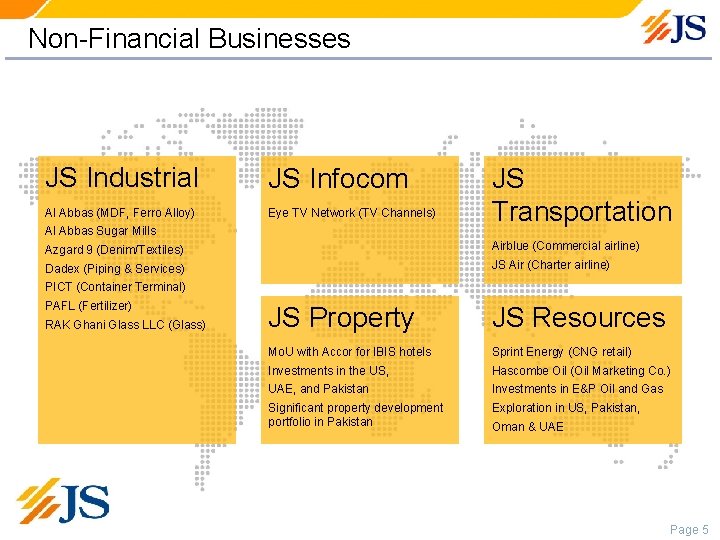 Non-Financial Businesses JS Industrial JS Infocom Al Abbas (MDF, Ferro Alloy) Eye TV Network
