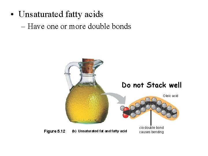 • Unsaturated fatty acids – Have one or more double bonds Do not