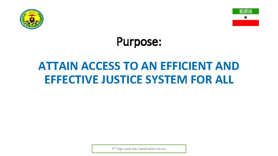 Purpose: ATTAIN ACCESS TO AN EFFICIENT AND EFFECTIVE JUSTICE SYSTEM FOR ALL 8 th