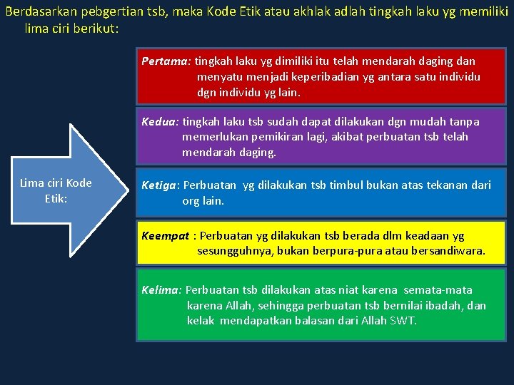 Berdasarkan pebgertian tsb, maka Kode Etik atau akhlak adlah tingkah laku yg memiliki lima