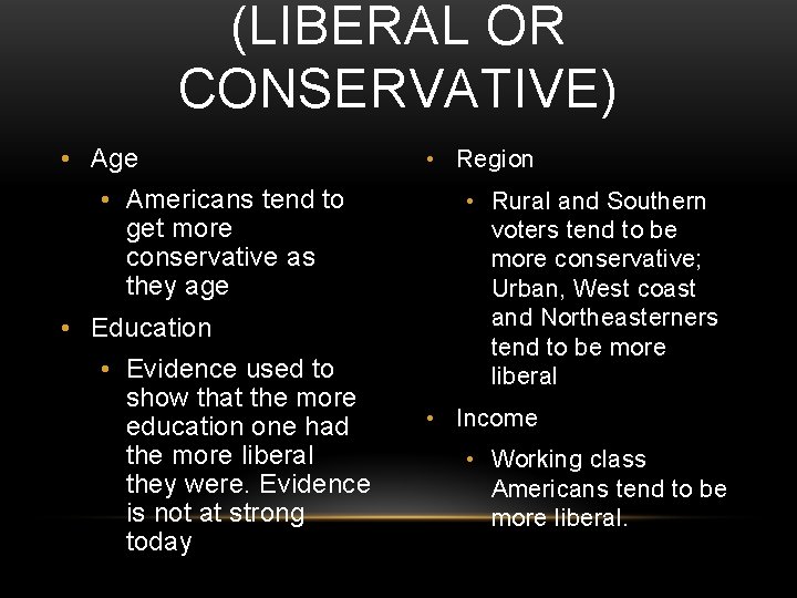 (LIBERAL OR CONSERVATIVE) • Age • Americans tend to get more conservative as they