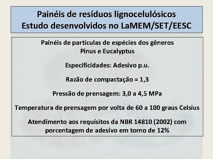 Painéis de resíduos lignocelulósicos Estudo desenvolvidos no La. MEM/SET/EESC Painéis de partículas de espécies