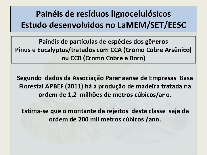 Painéis de resíduos lignocelulósicos Estudo desenvolvidos no La. MEM/SET/EESC Painéis de partículas de espécies