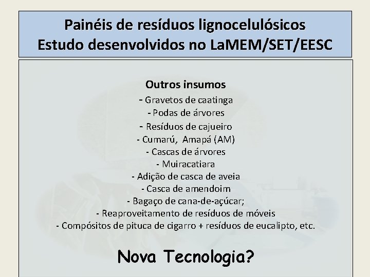 Painéis de resíduos lignocelulósicos Estudo desenvolvidos no La. MEM/SET/EESC Outros insumos - Gravetos de