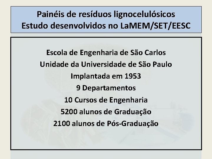 Painéis de resíduos lignocelulósicos Estudo desenvolvidos no La. MEM/SET/EESC Escola de Engenharia de São