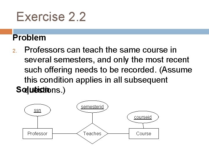 Exercise 2. 2 Problem 2. Professors can teach the same course in several semesters,