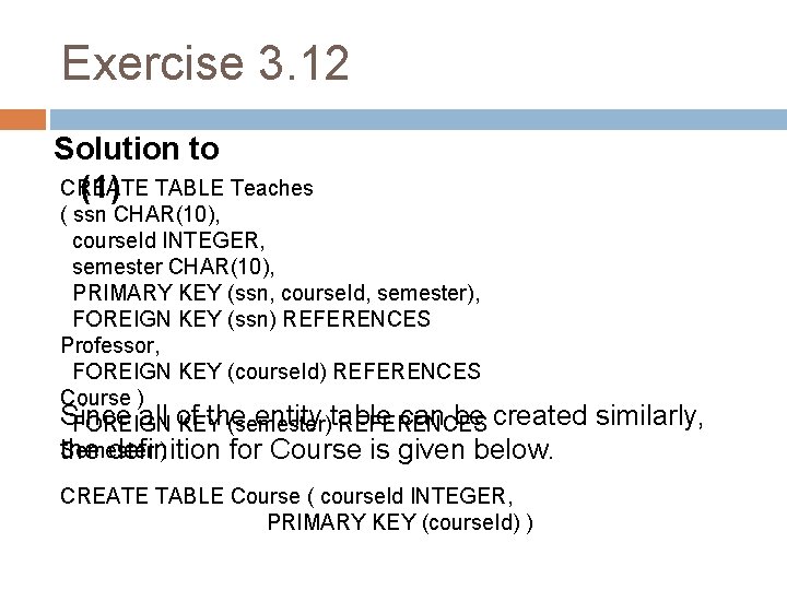 Exercise 3. 12 Solution to CREATE (1) TABLE Teaches ( ssn CHAR(10), course. Id