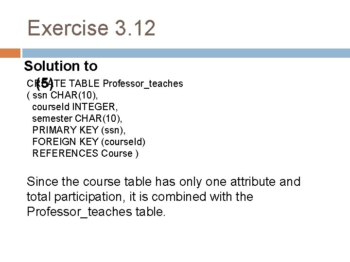 Exercise 3. 12 Solution to CREATE (5) TABLE Professor_teaches ( ssn CHAR(10), course. Id