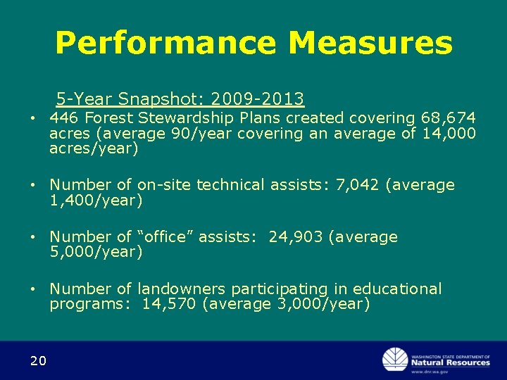 Performance Measures 5 -Year Snapshot: 2009 -2013 • 446 Forest Stewardship Plans created covering