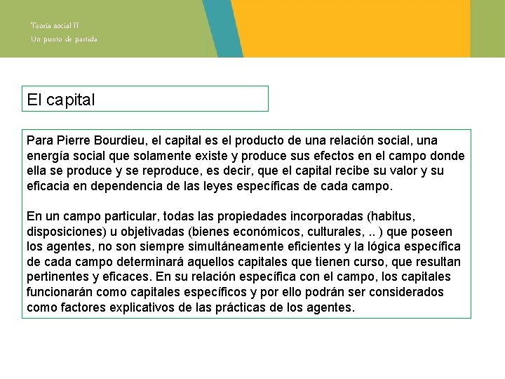 Teoría social II Un punto de partida El capital Para Pierre Bourdieu, el capital