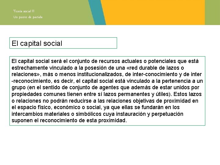 Teoría social II Un punto de partida El capital social será el conjunto de