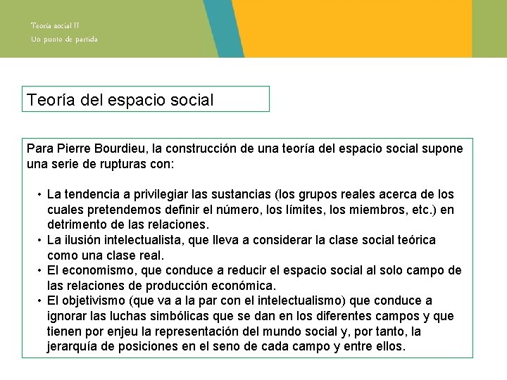 Teoría social II Un punto de partida Teoría del espacio social Para Pierre Bourdieu,