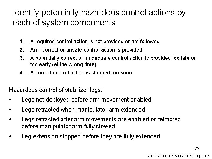 Identify potentially hazardous control actions by each of system components 1. A required control Identify potentially hazardous control actions by each of system components 1. A required control