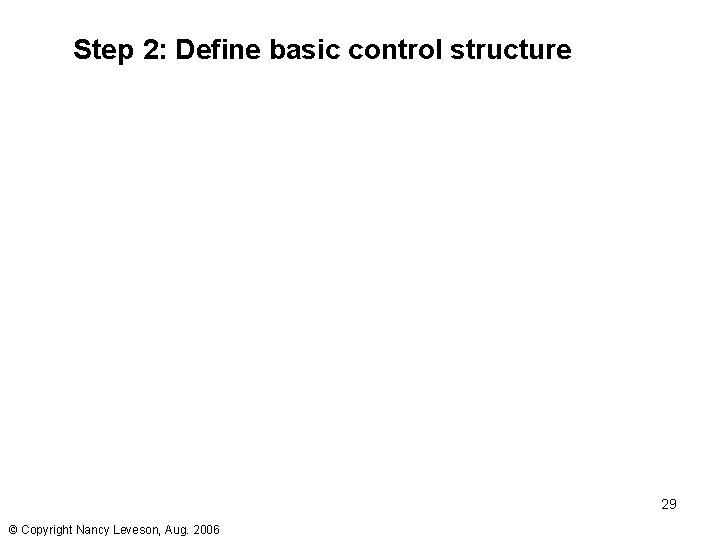 Step 2: Define basic control structure 29 © Copyright Nancy Leveson, Aug. 2006 Step 2: Define basic control structure 29 © Copyright Nancy Leveson, Aug. 2006