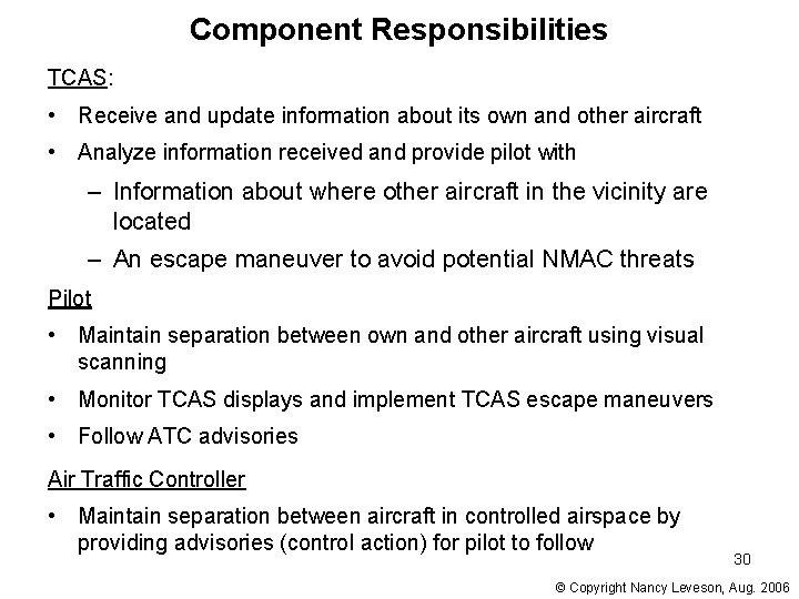 Component Responsibilities TCAS: • Receive and update information about its own and other aircraft Component Responsibilities TCAS: • Receive and update information about its own and other aircraft