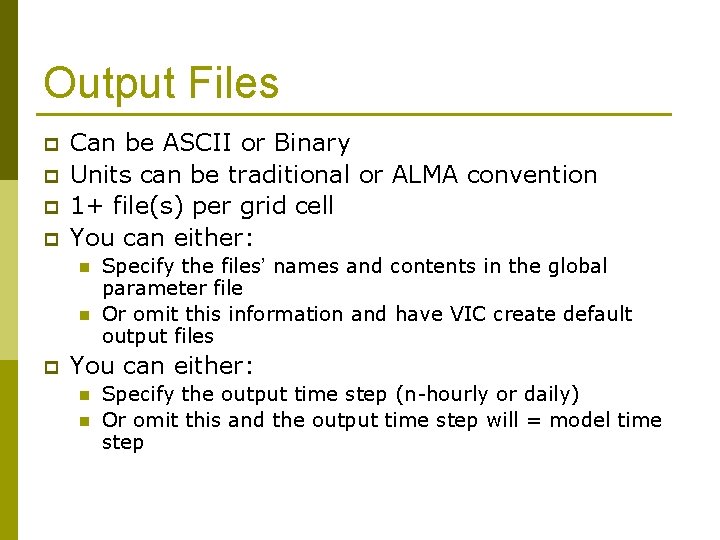 Output Files p p Can be ASCII or Binary Units can be traditional or